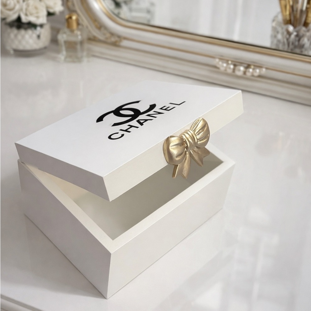 CHANEL White Box with Gold Bow Accent